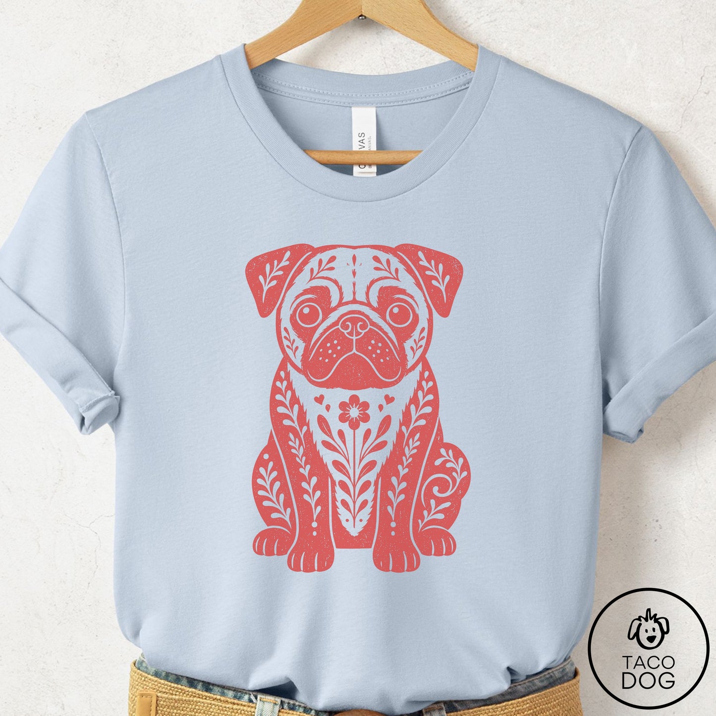 Pug Folk Art Dog T-Shirt Light Blue Taco-Dog