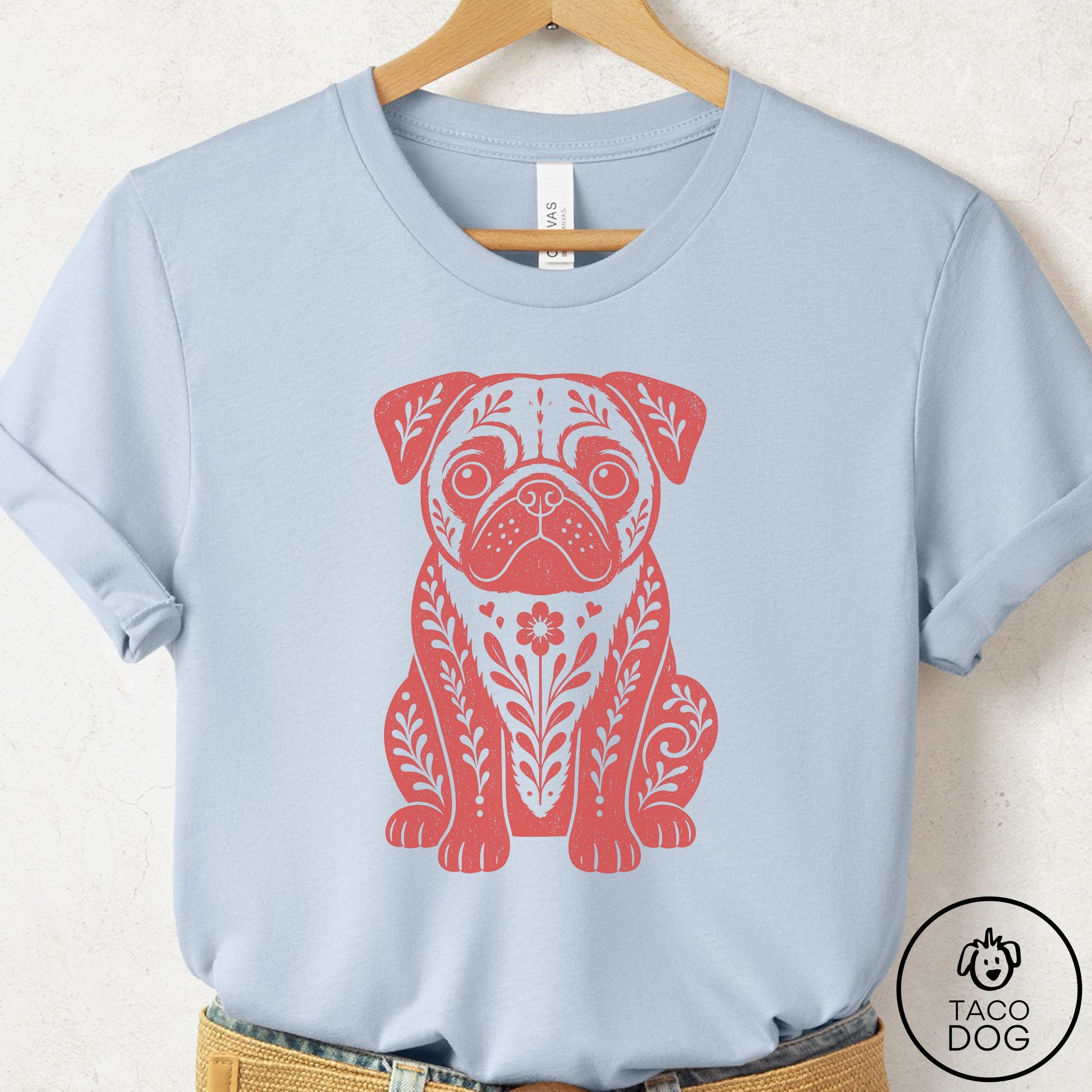 Pug Folk Art Dog T-Shirt Light Blue Taco-Dog