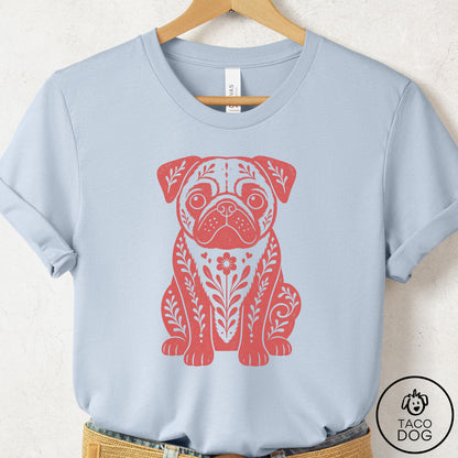 Pug Folk Art Dog T-Shirt Light Blue Taco-Dog