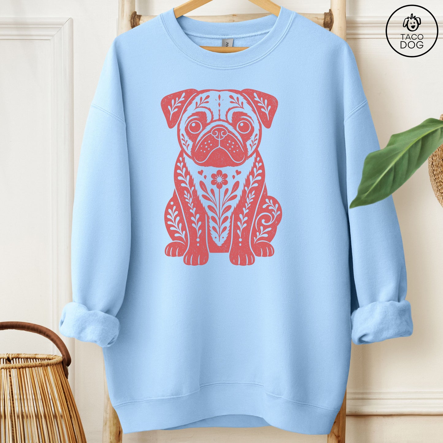 Pug Folk Art Dog Sweatshirt Light Blue Taco-Dog