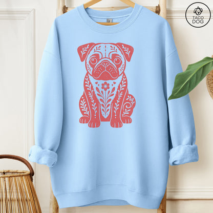 Pug Folk Art Dog Sweatshirt Light Blue Taco-Dog
