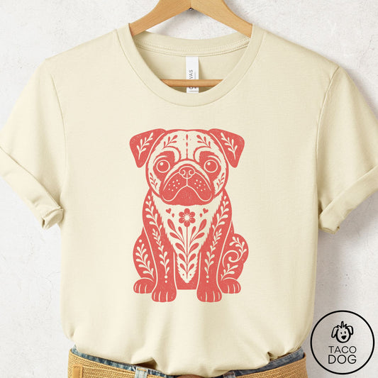 Pug Folk Art Dog T-Shirt Natural Taco-Dog