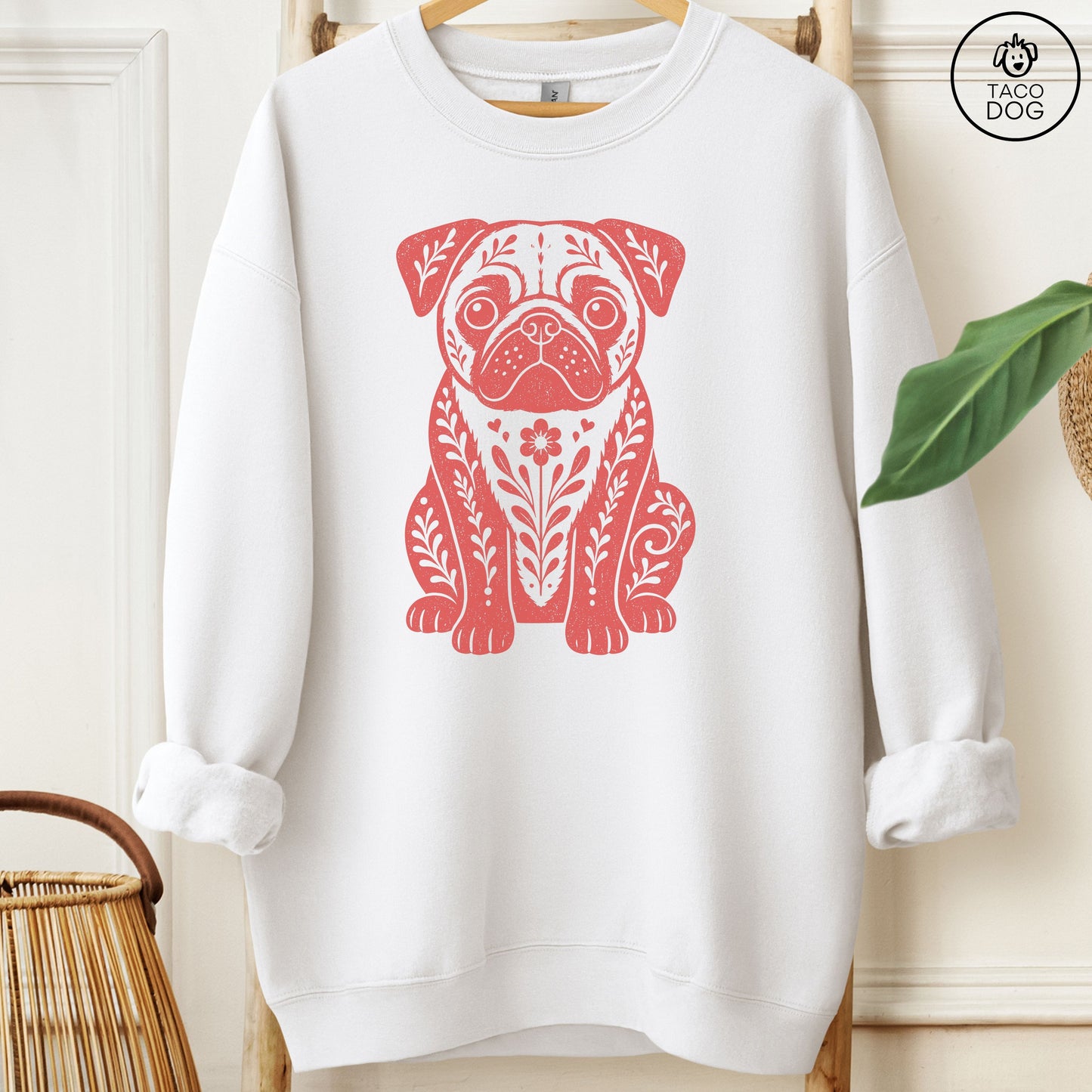 Pug Folk Art Dog Sweatshirt White Taco-Dog