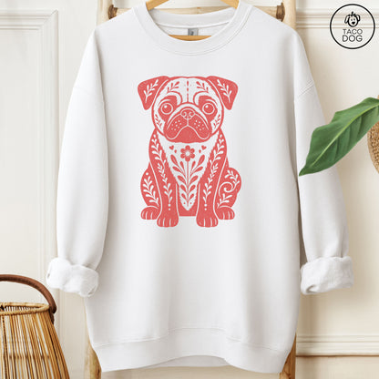 Pug Folk Art Dog Sweatshirt White Taco-Dog