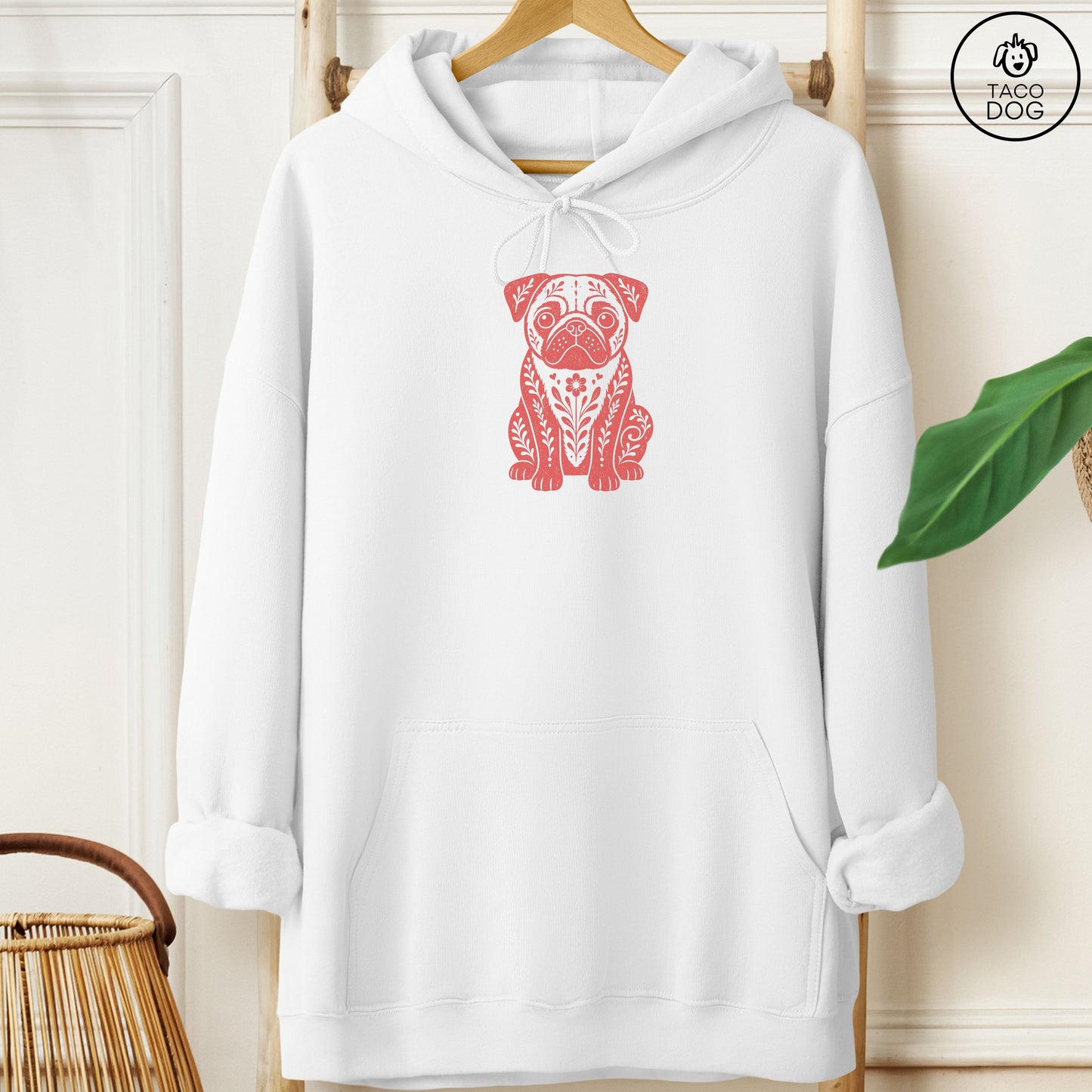 Pug Folk Art Dog Hoodie White Taco-Dog