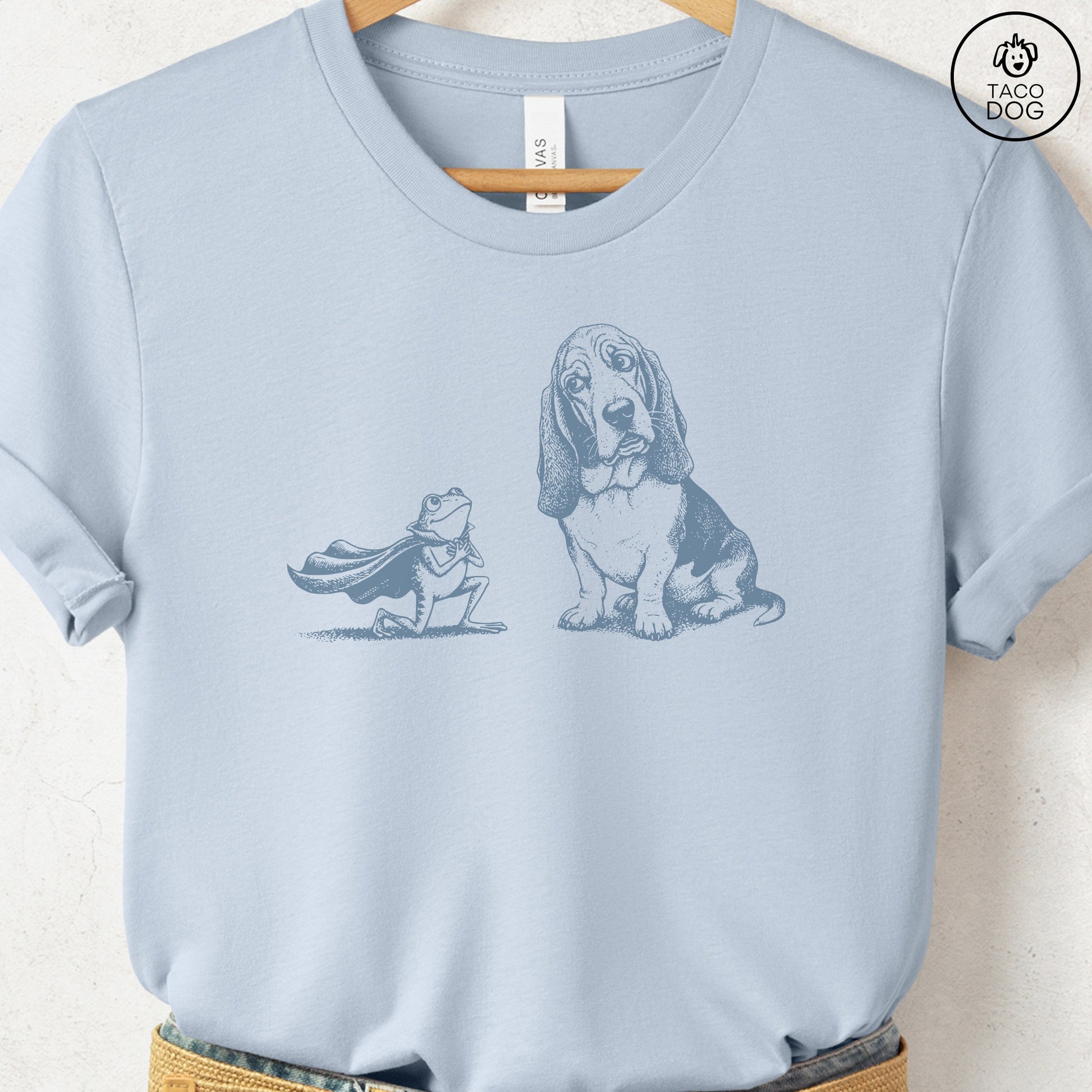 Basset Hound & Frog T-Shirt Light Blue Taco-Dog