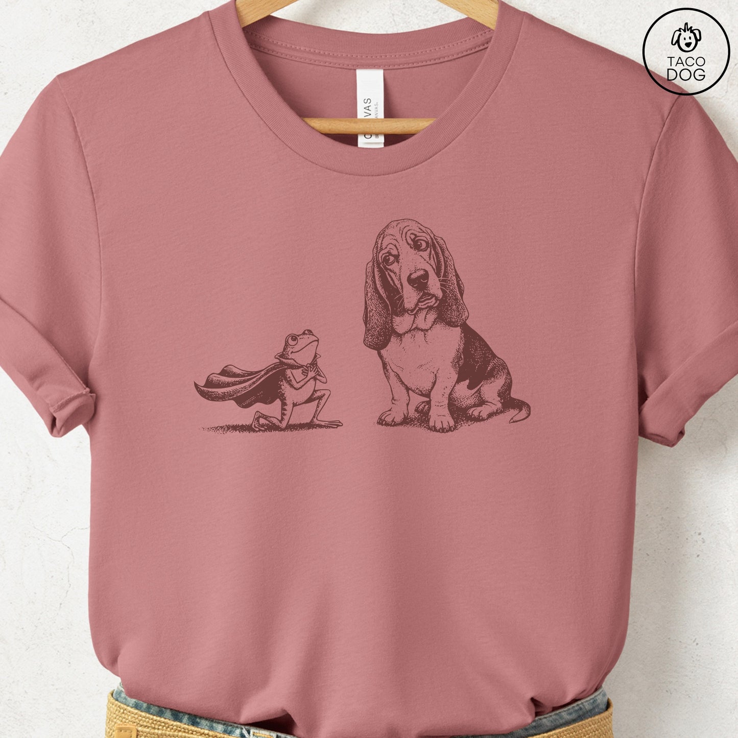 Basset Hound & Frog T-Shirt Heather Mauve Taco-Dog