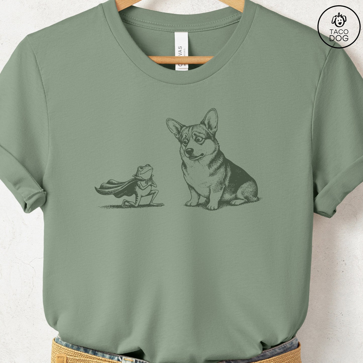 Corgi & Frog T-Shirt Sage