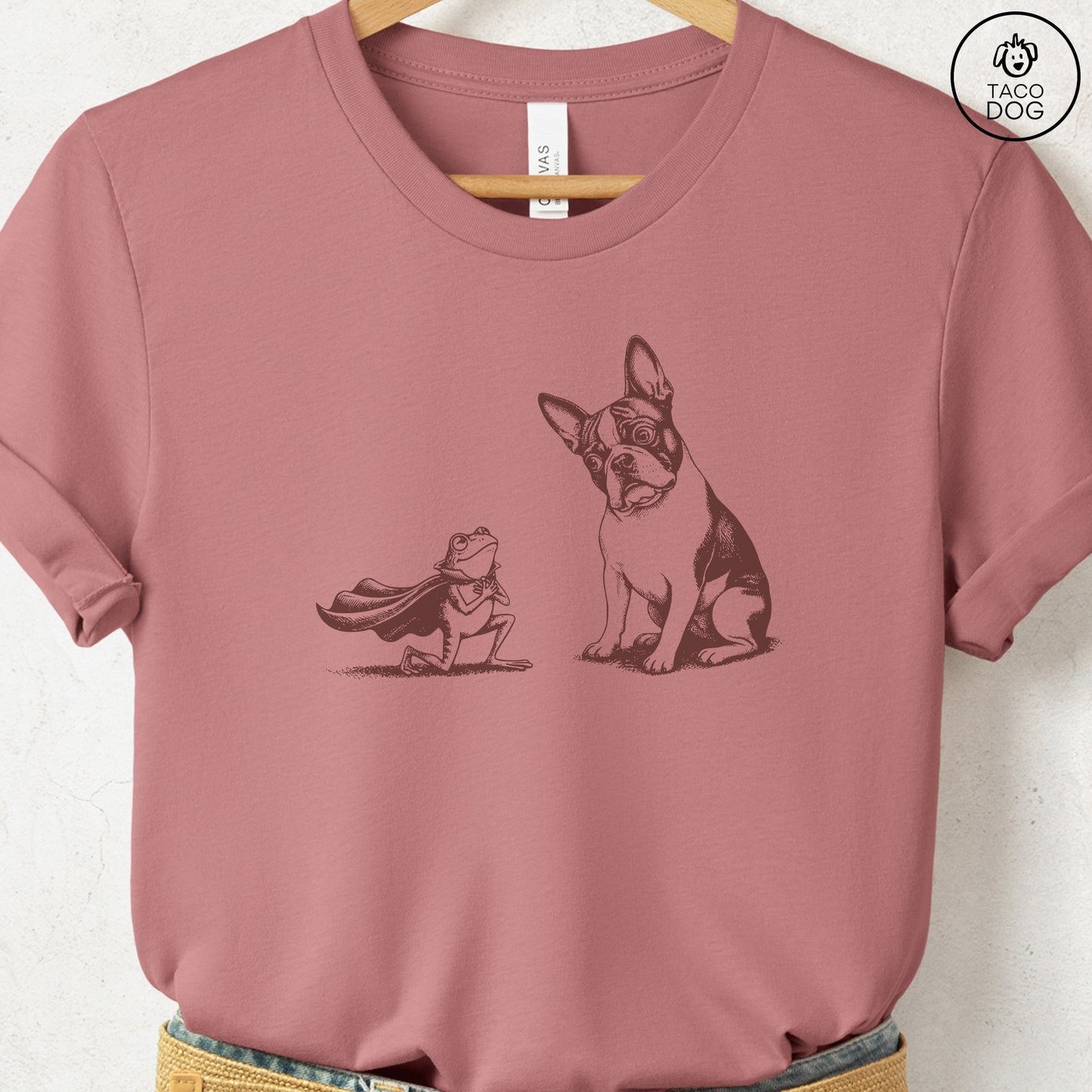 French Bulldog Frenchie & Frog T-Shirt Heather Mauve Taco-Dog