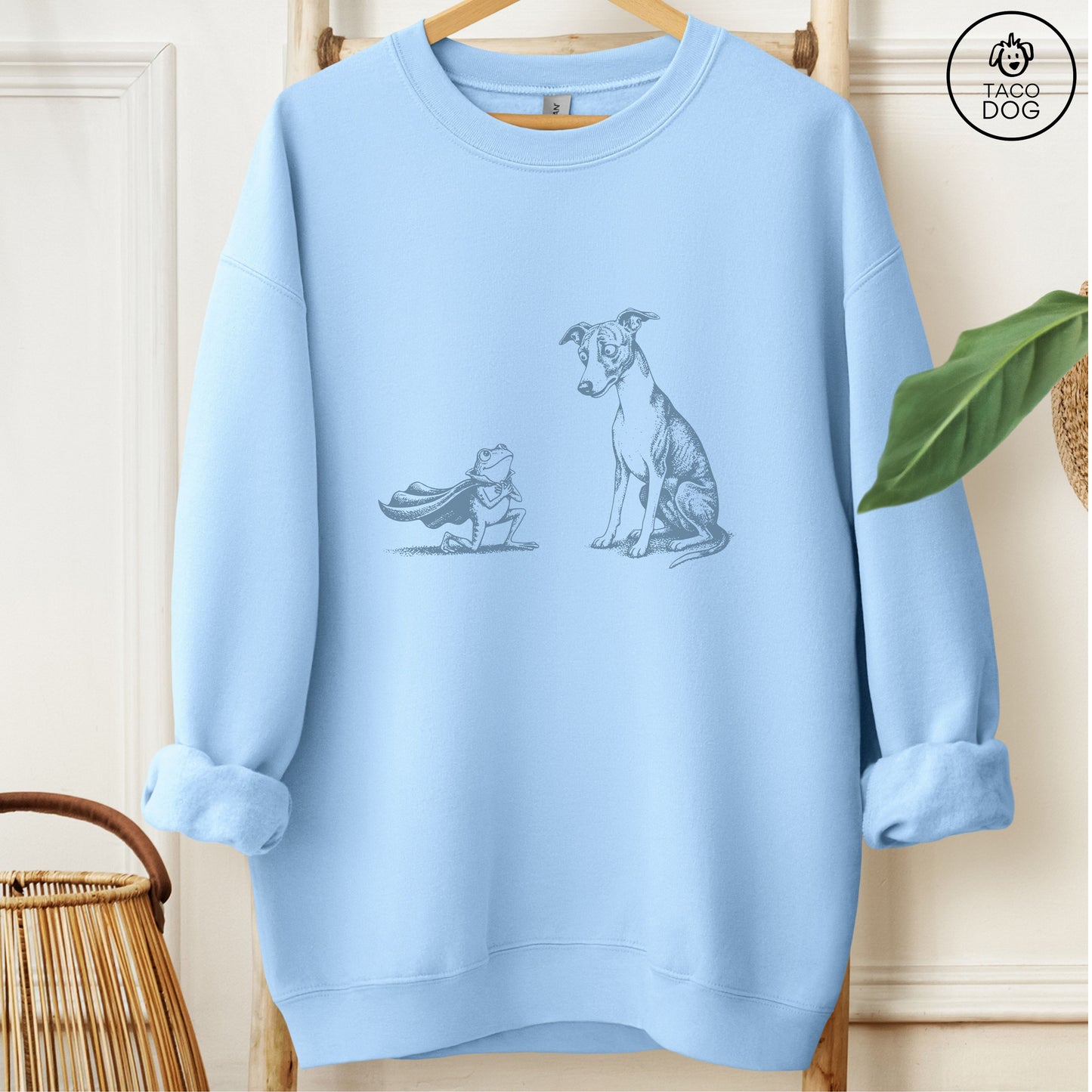 Italian Greyhound Iggy & Frog Sweatshirt Light Blue Taco-Dog