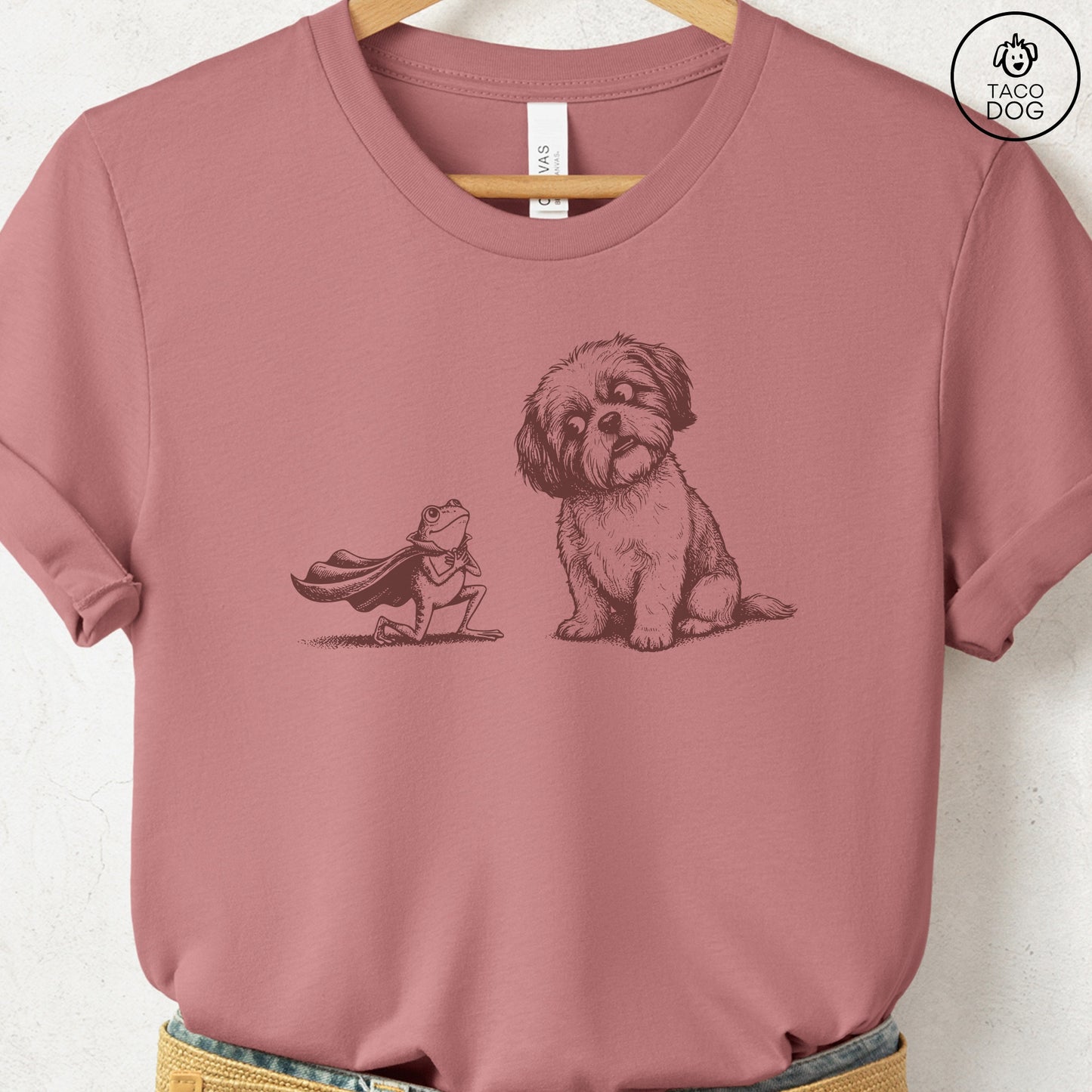 Shih Tzu & Frog T-Shirt Heather Mauve Taco-Dog
