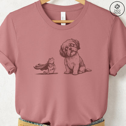 Shih Tzu & Frog T-Shirt Heather Mauve Taco-Dog