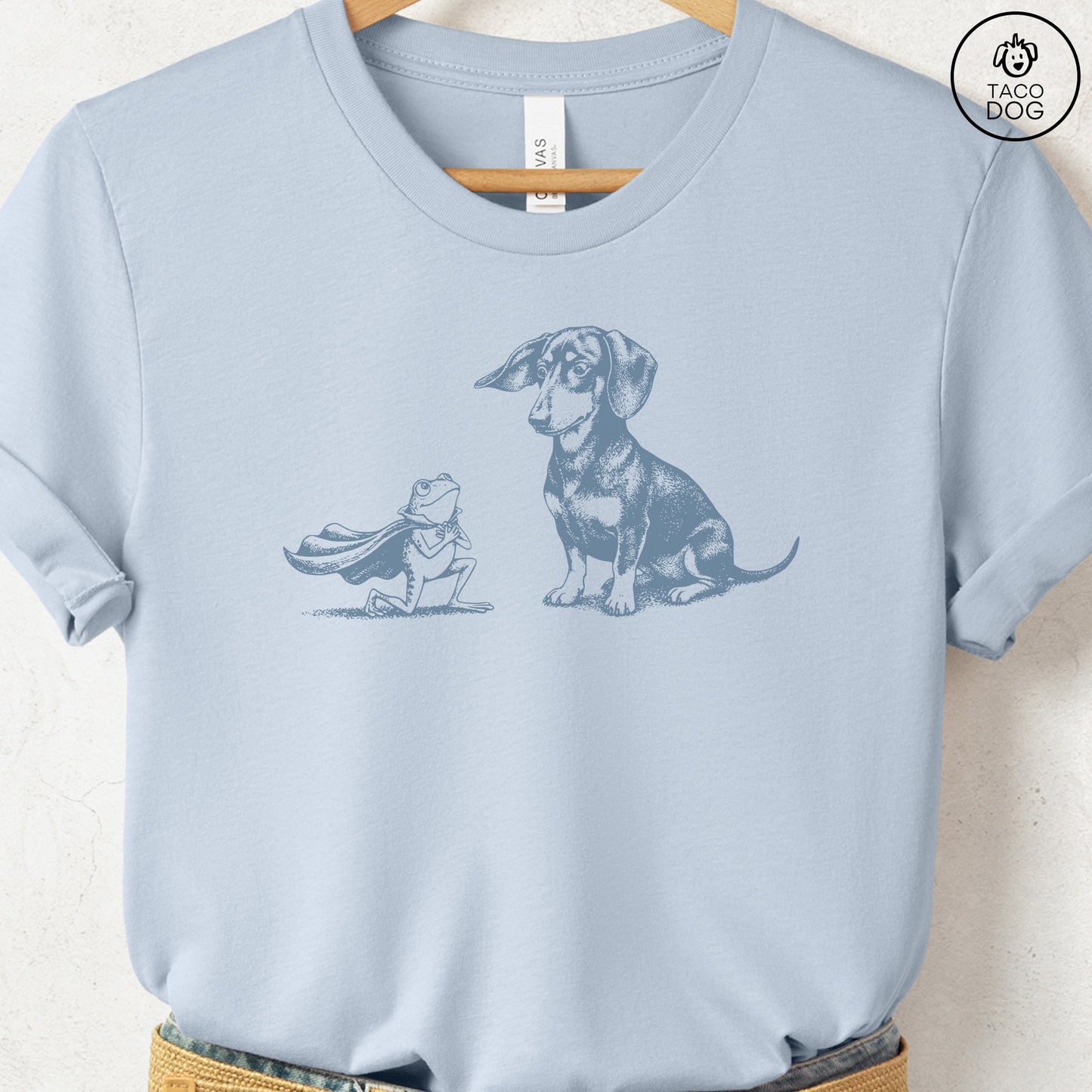 Dachshund Weenie & Frog T-Shirt Light Blue Taco-Dog