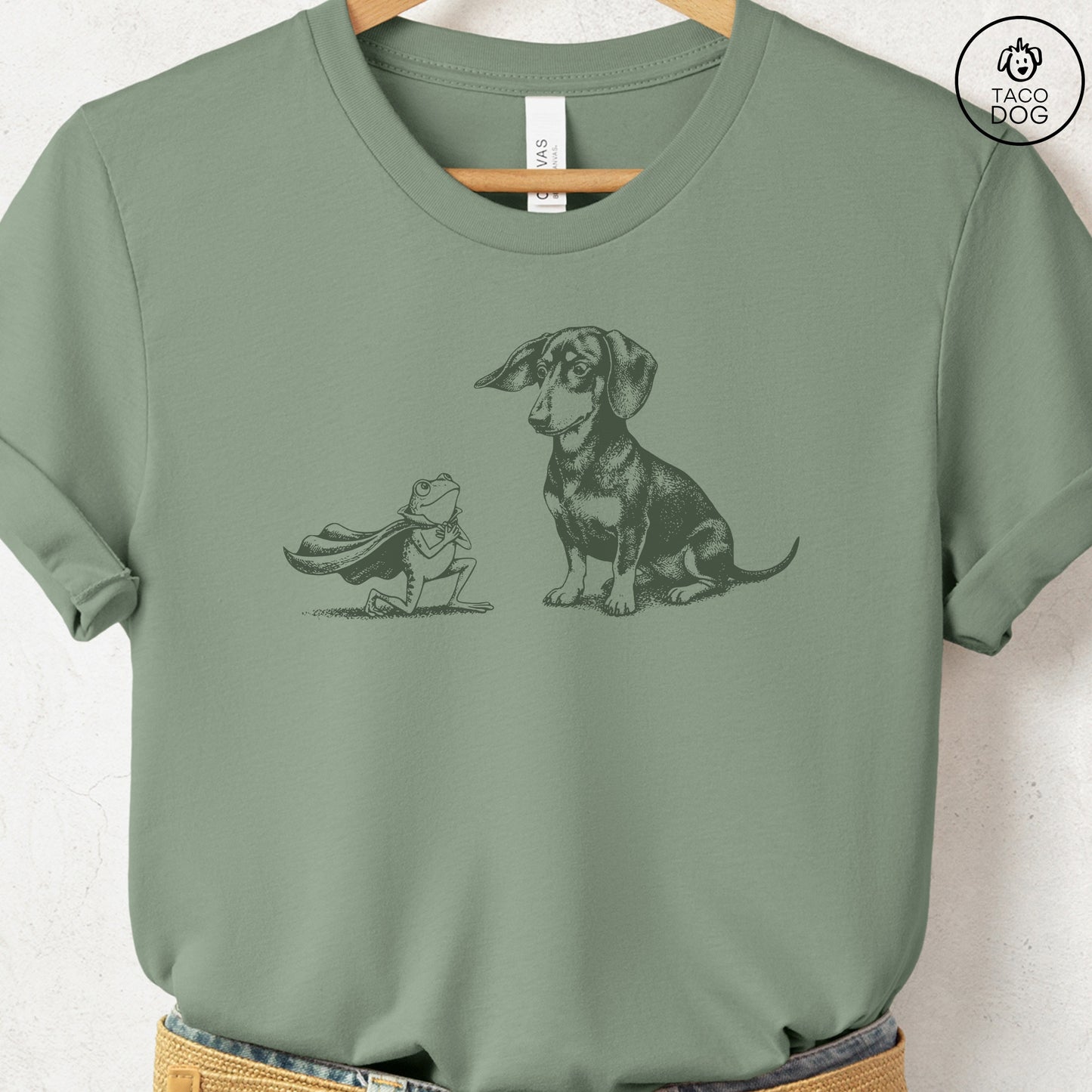 Dachshund Weenie & Frog T-Shirt Sage Taco-Dog