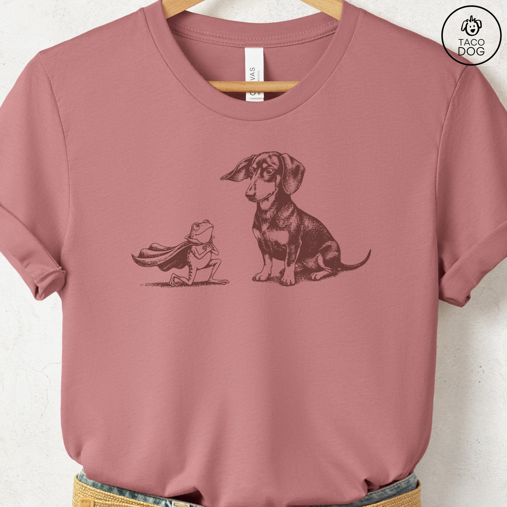 Dachshund Weenie & Frog T-Shirt Heather Mauve Taco-Dog