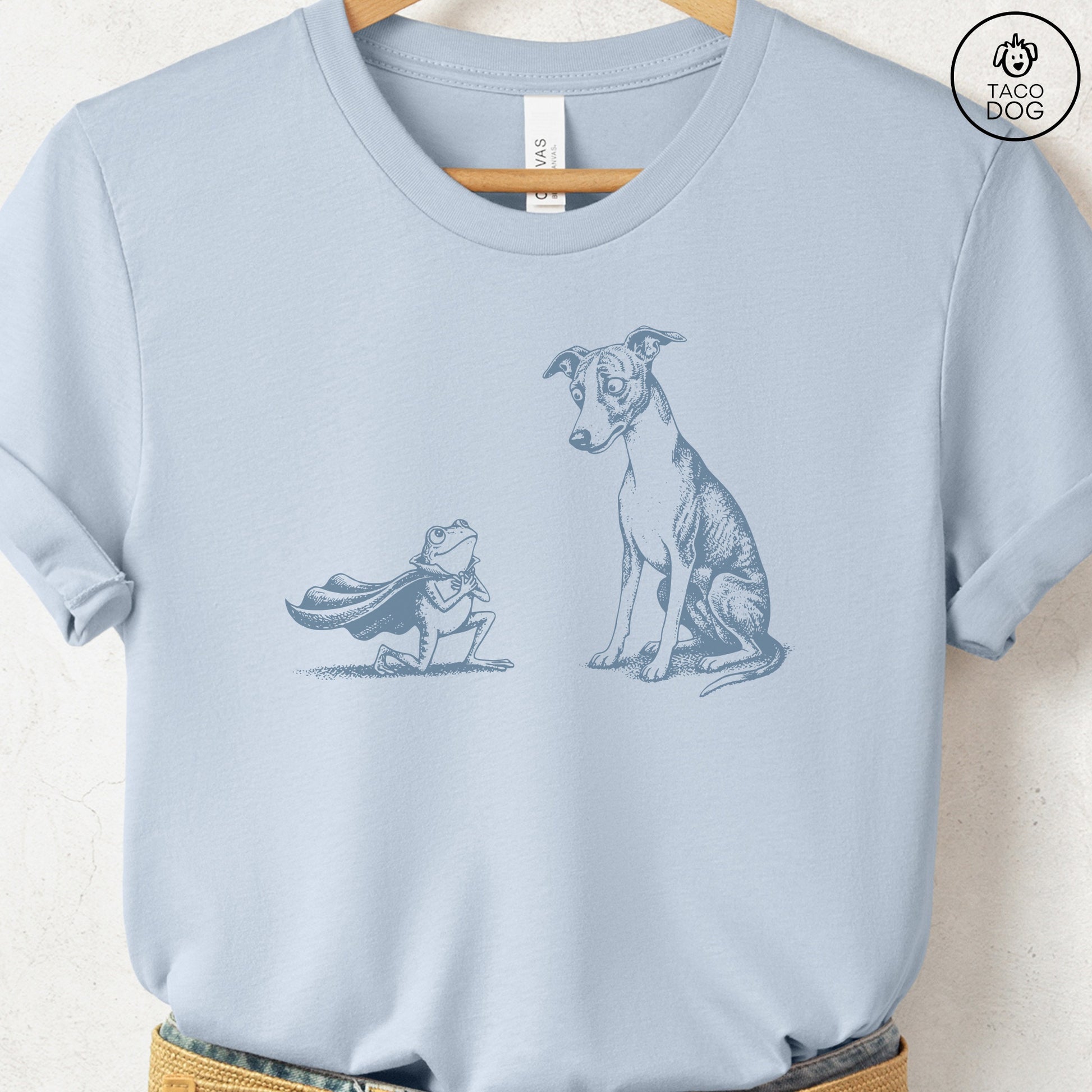 Italian Greyhound Whippet Iggy & Frog T-Shirt Light Blue Taco-Dog