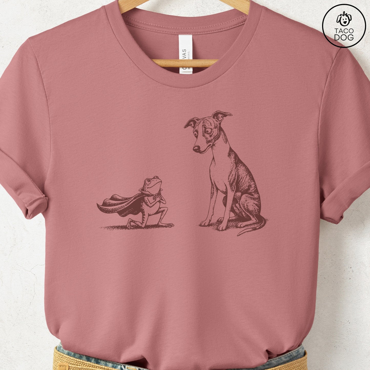 Italian Greyhound Whippet Iggy & Frog T-Shirt Heather Mauve Taco-Dog