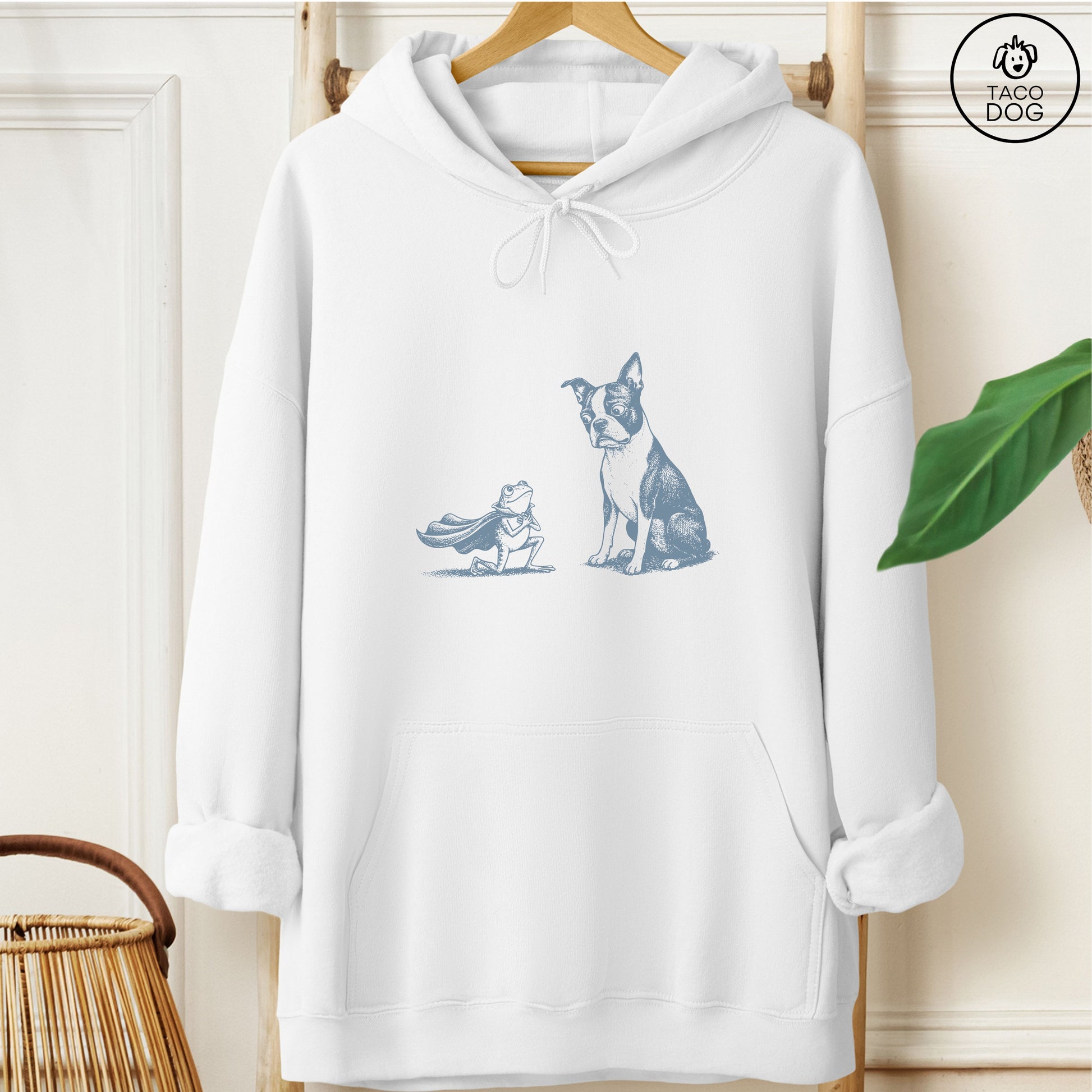 Boston Terrier & Frog Hoodie White Taco-Dog