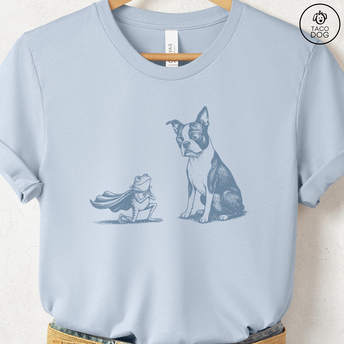 Boston Terrier & Frog T-Shirt Light Blue Taco-Dog
