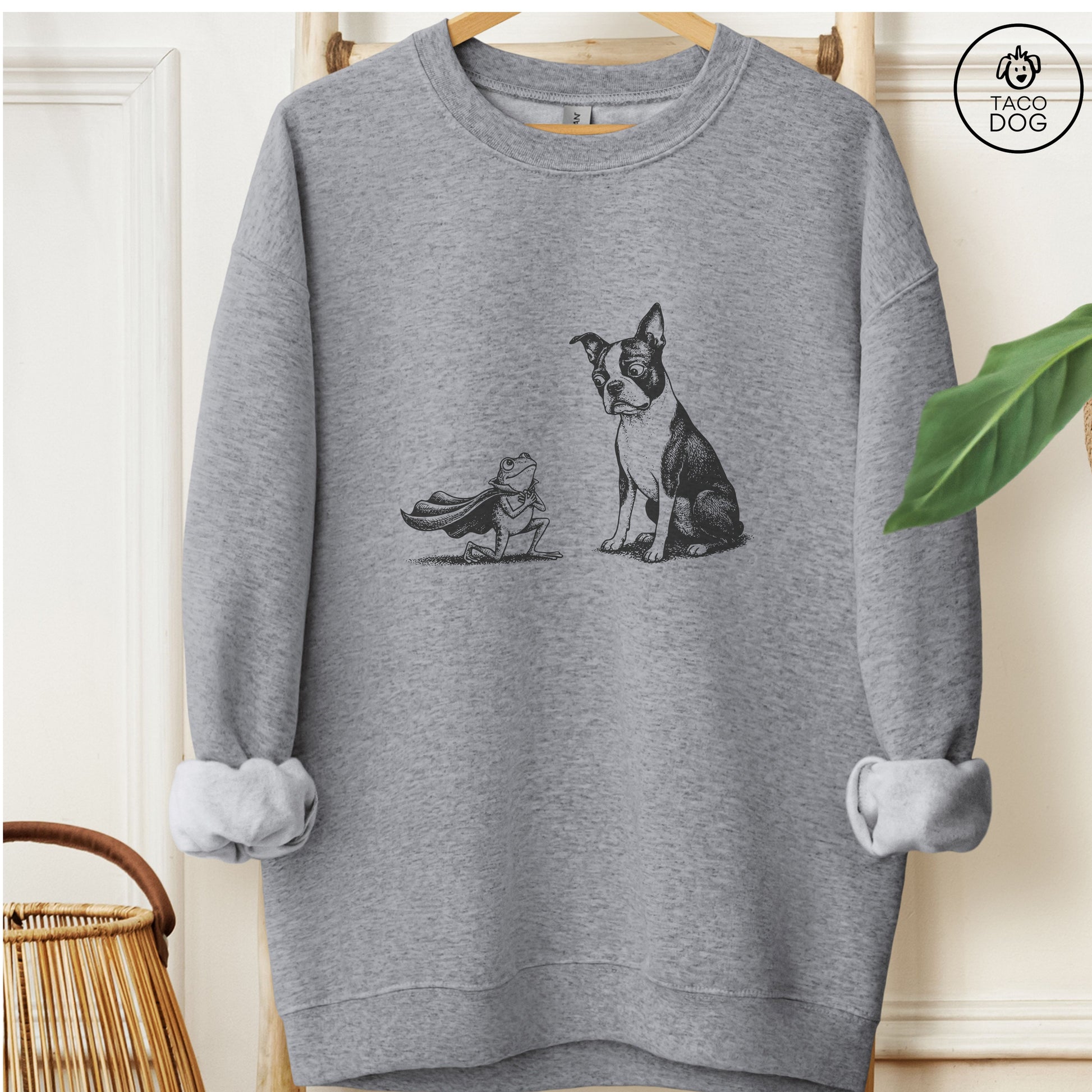 Boston Terrier & Frog Sweatshirt Graphite Heather Taco-Dog