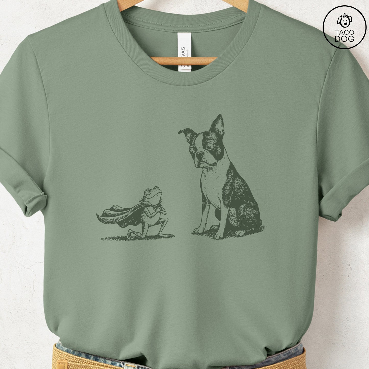 Boston Terrier & Frog T-Shirt Sage Taco-Dog