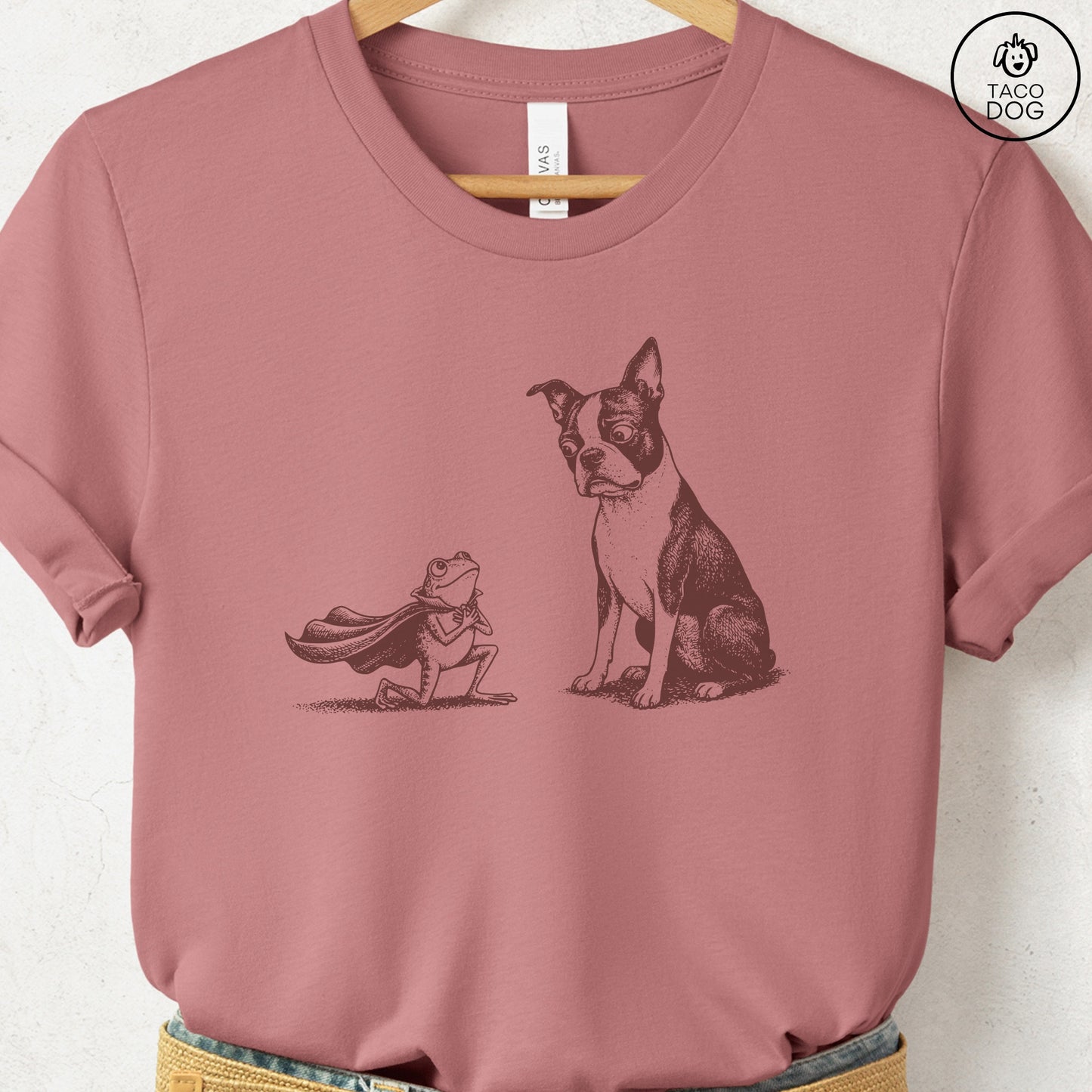 Boston Terrier & Frog T-Shirt Heather Mauve Taco-Dog