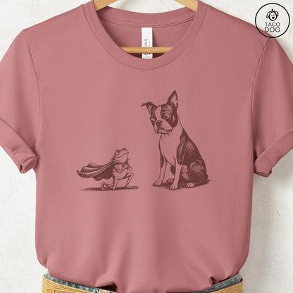 Boston Terrier & Frog T-Shirt Heather Mauve Taco-Dog