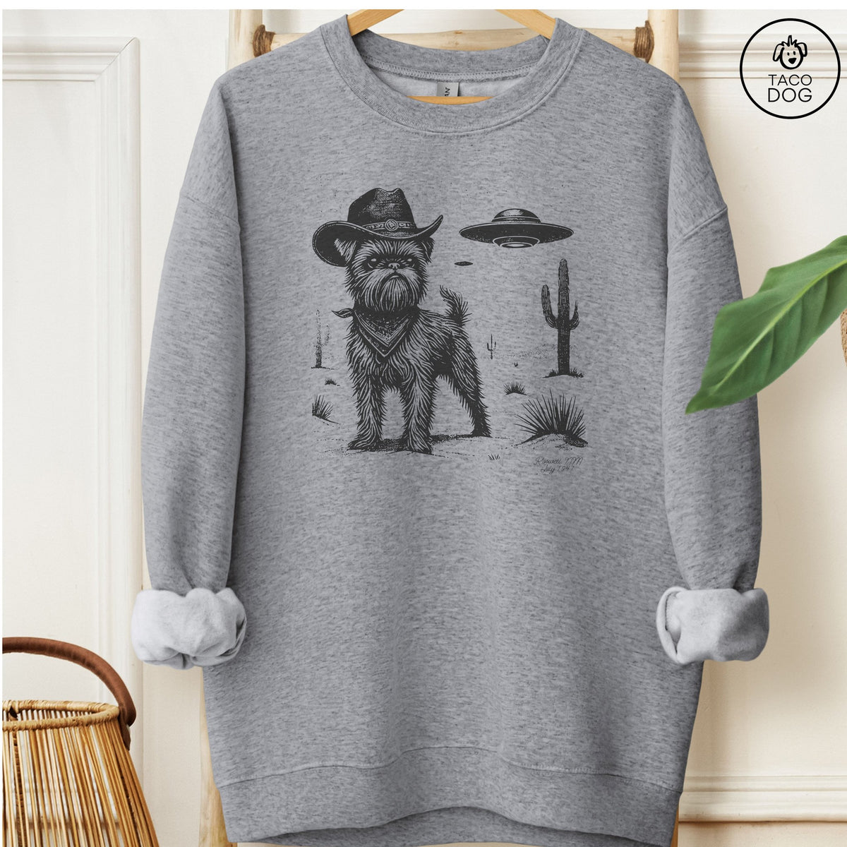 Brussels Griffon Cowboy UFO Sweatshirt Graphite Heather Taco-Dog