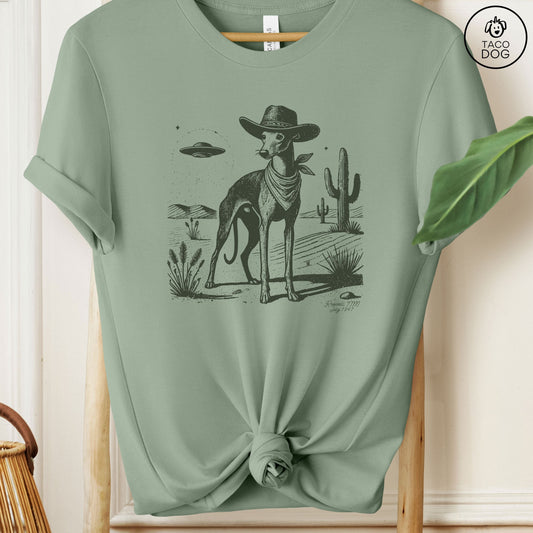 Italian Greyhound Whippet Iggy Cowboy Ink Space UFO T-Shirt Sage Taco-Dog