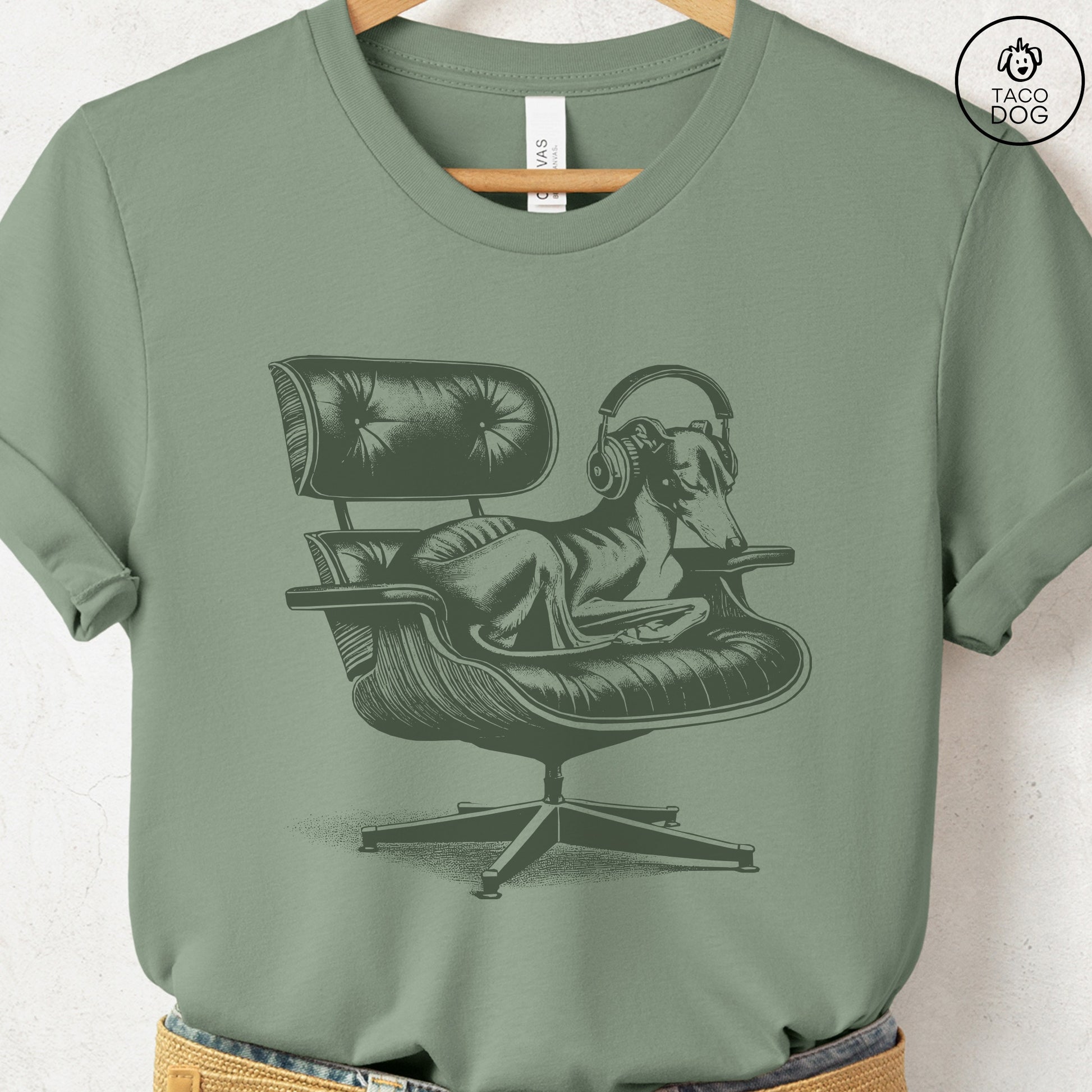 Italian Greyhound Whippet Eames Headphones T-Shirt Sage XS Taco-Dog