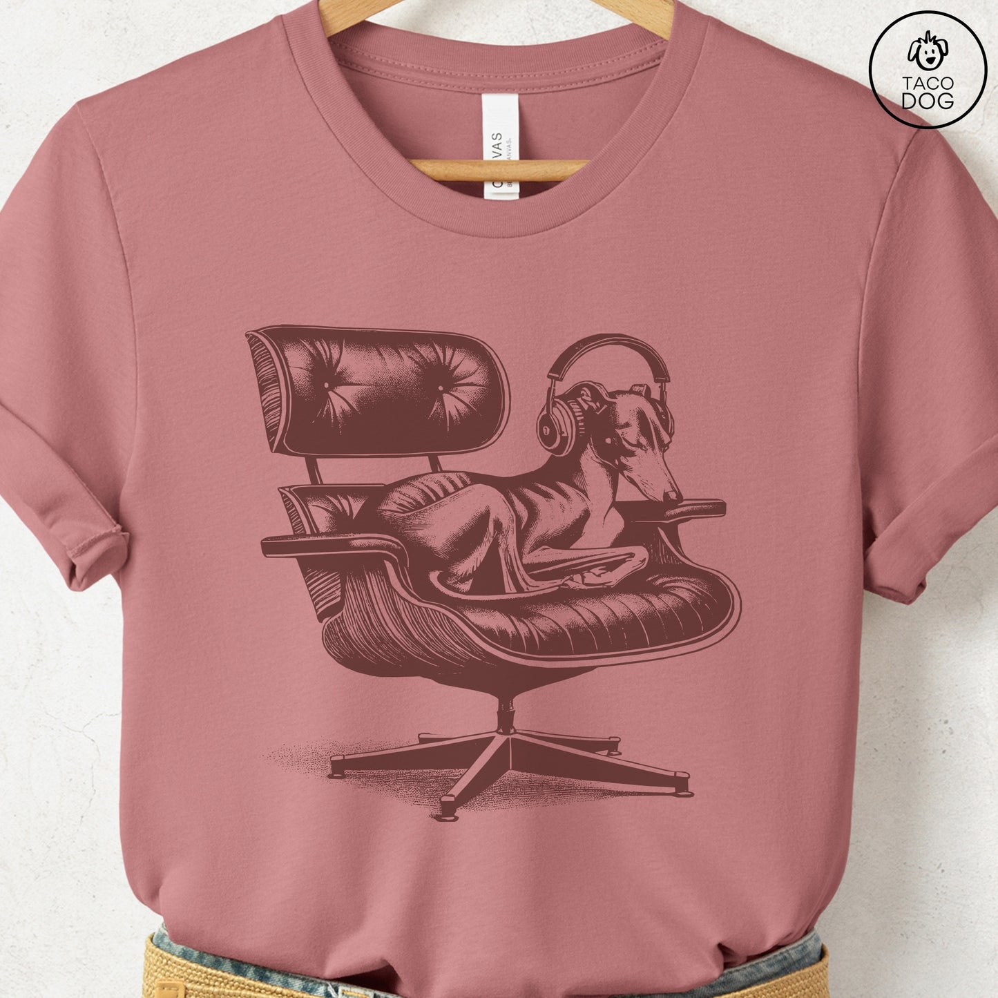Italian Greyhound Whippet Eames Headphones T-Shirt Heather Mauve XS Taco-Dog