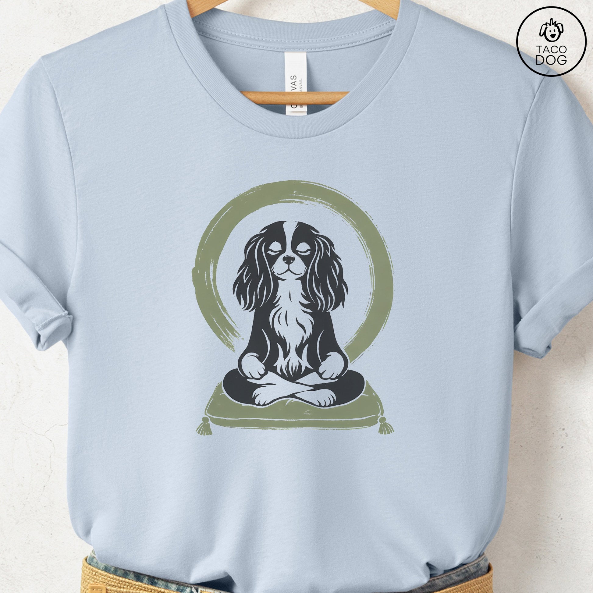 Cavalier King Charles Spaniel Meditate Linocut Tee Light Blue S Taco-Dog