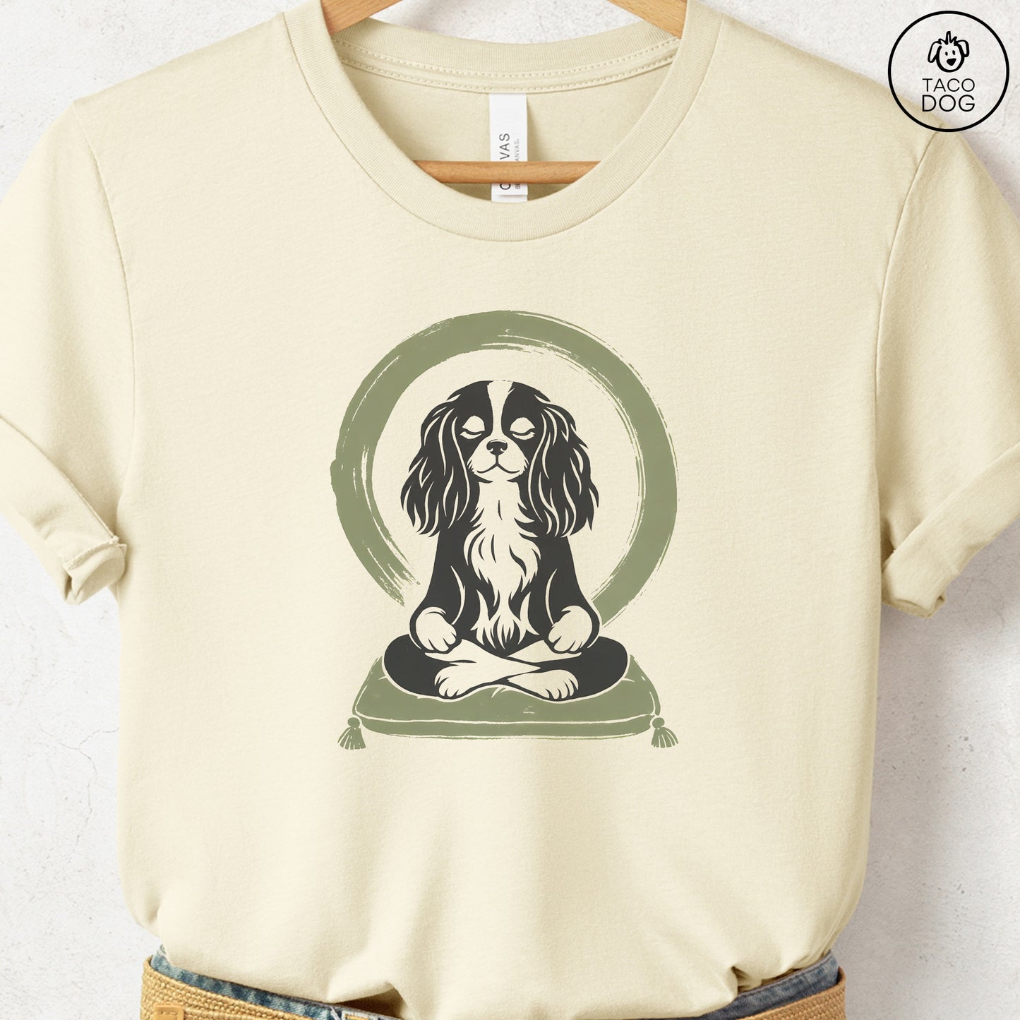 Cavalier King Charles Spaniel Meditate Linocut Tee Natural S Taco-Dog