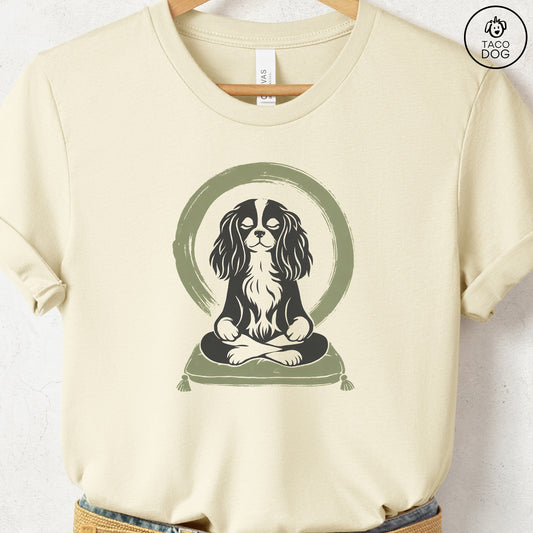 Cavalier King Charles Spaniel Meditate Linocut Tee Natural S Taco-Dog