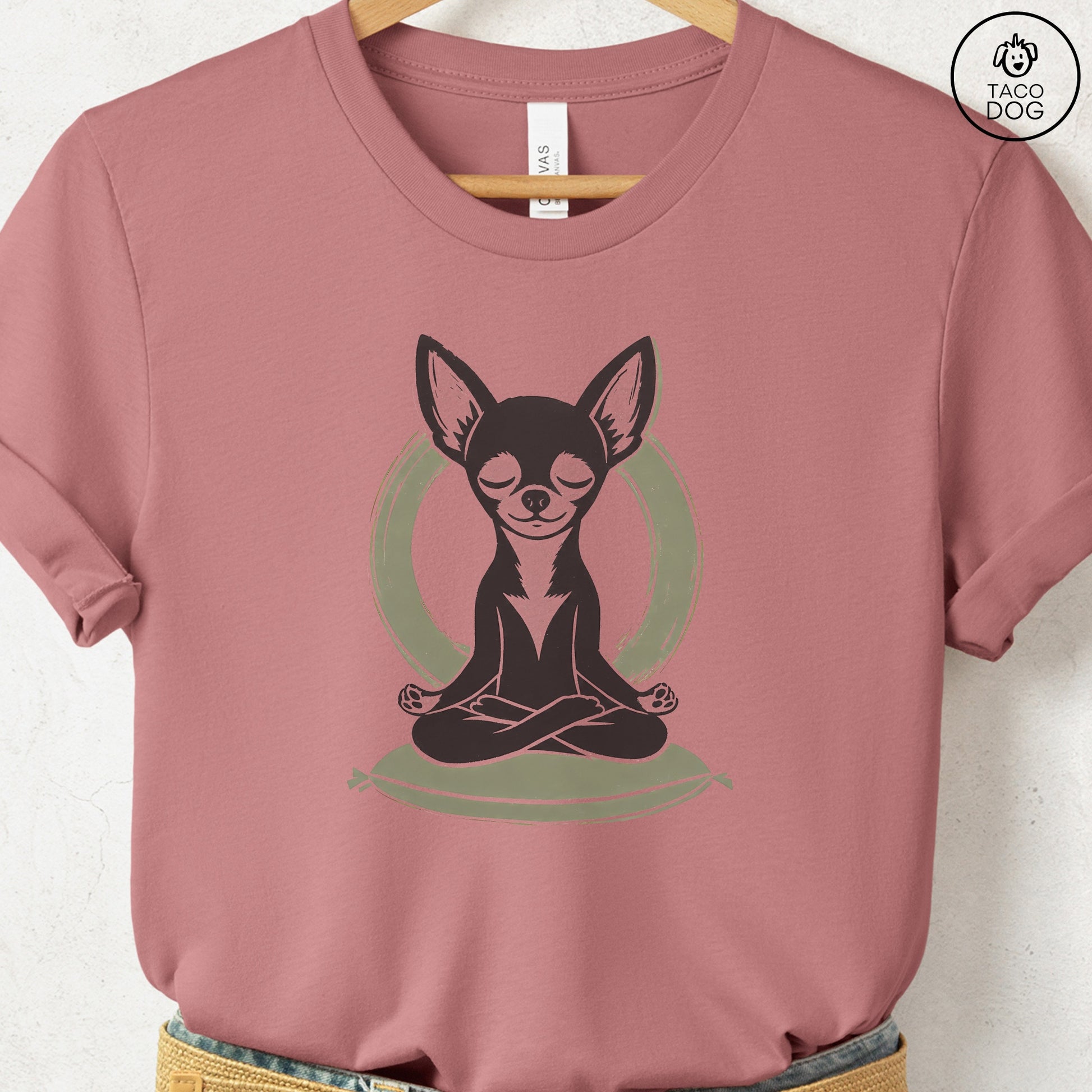 Chihuahua Meditate Linocut Tee Heather Mauve S Taco-Dog