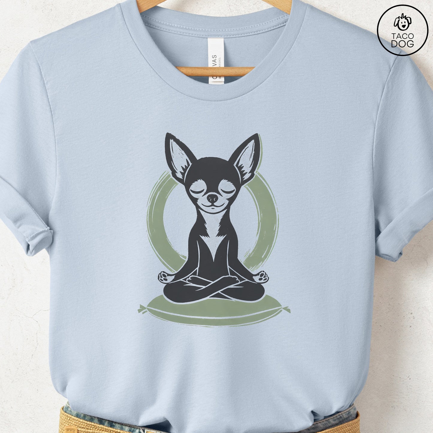 Chihuahua Meditate Linocut Tee Light Blue S Taco-Dog