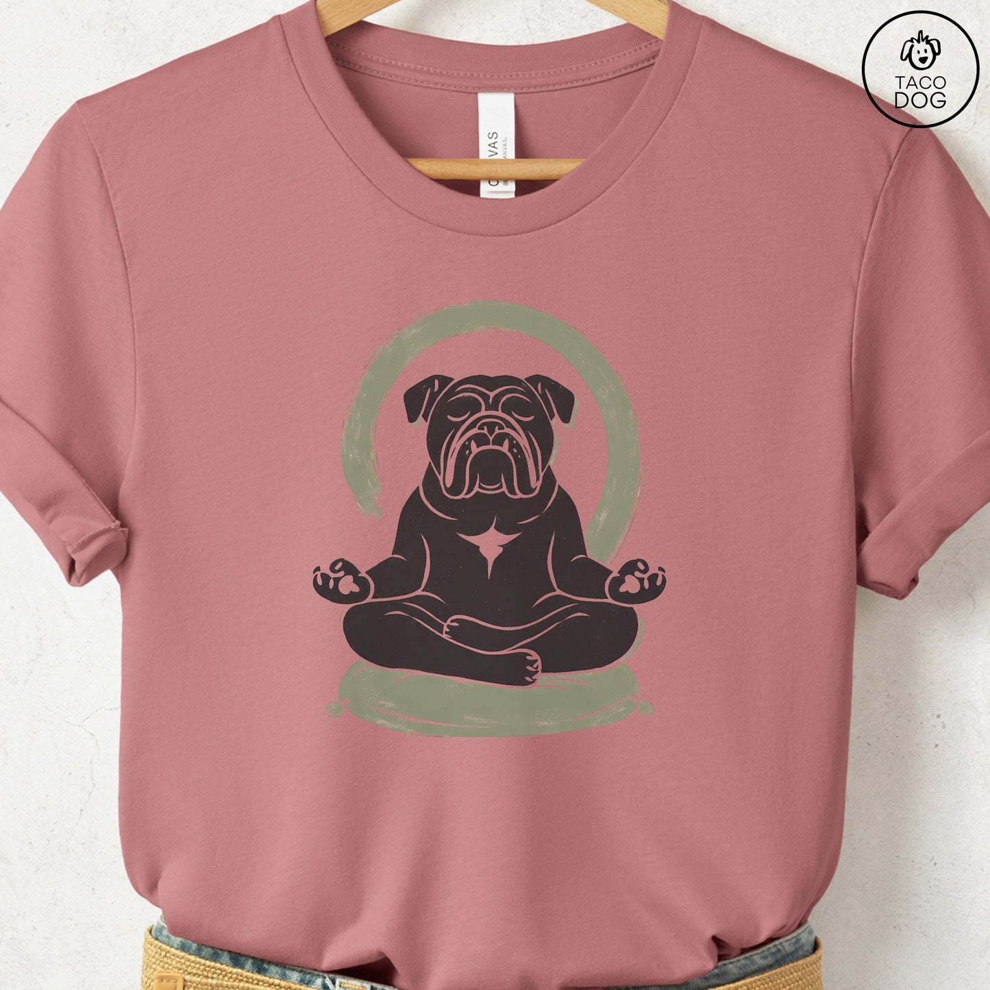 English Bulldog Meditate Linocut Tee Heather Mauve S Taco-Dog