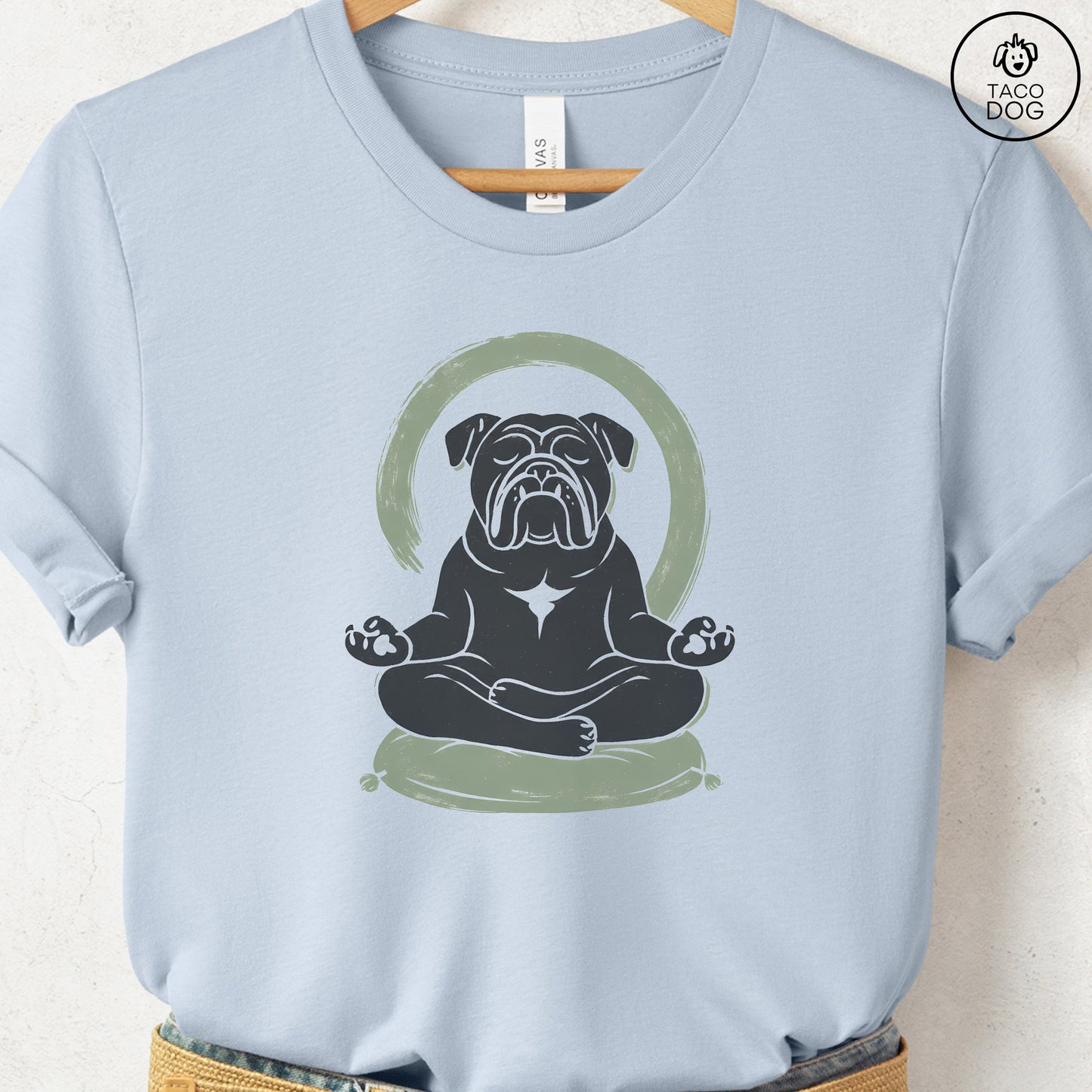 English Bulldog Meditate Linocut Tee Light Blue S Taco-Dog