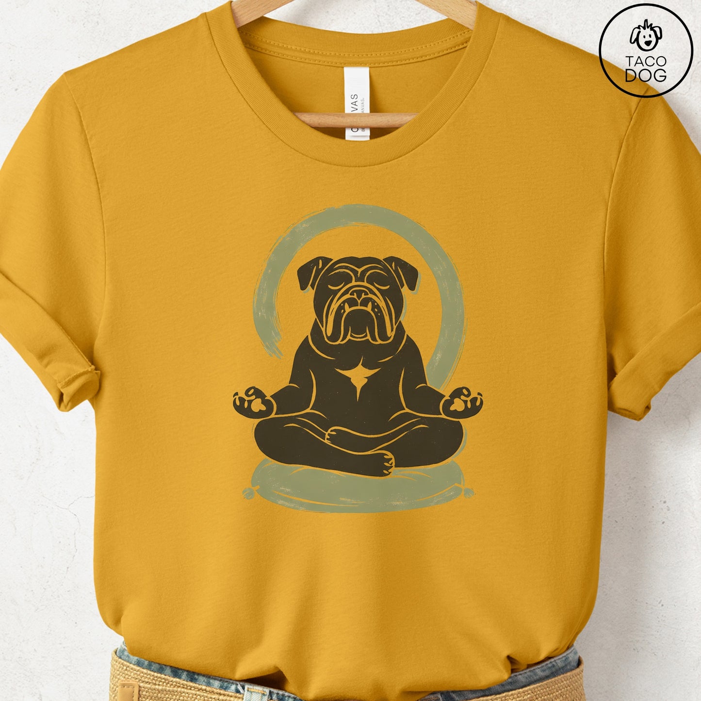 English Bulldog Meditate Linocut Tee Mustard S Taco-Dog