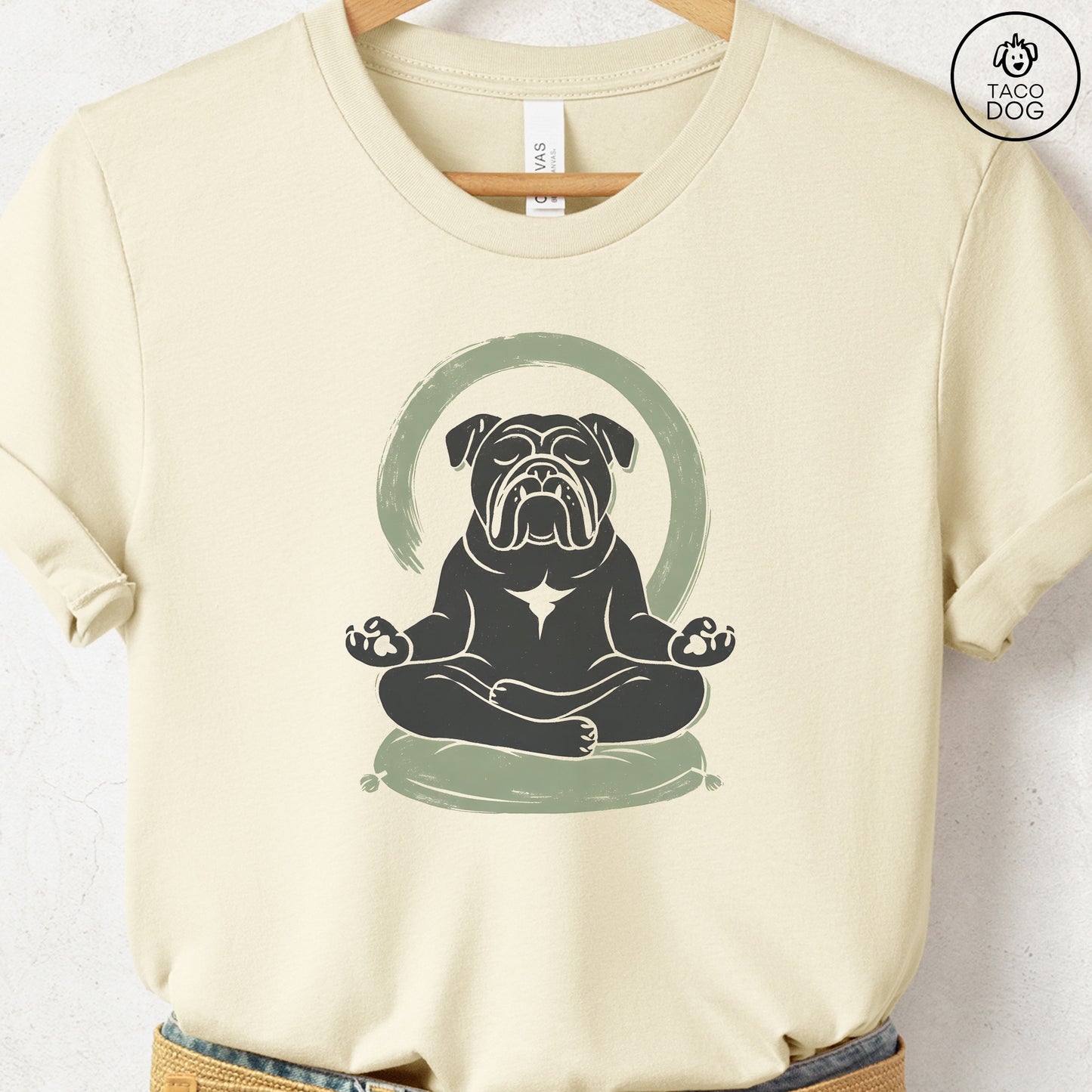 English Bulldog Meditate Linocut Tee Natural S Taco-Dog