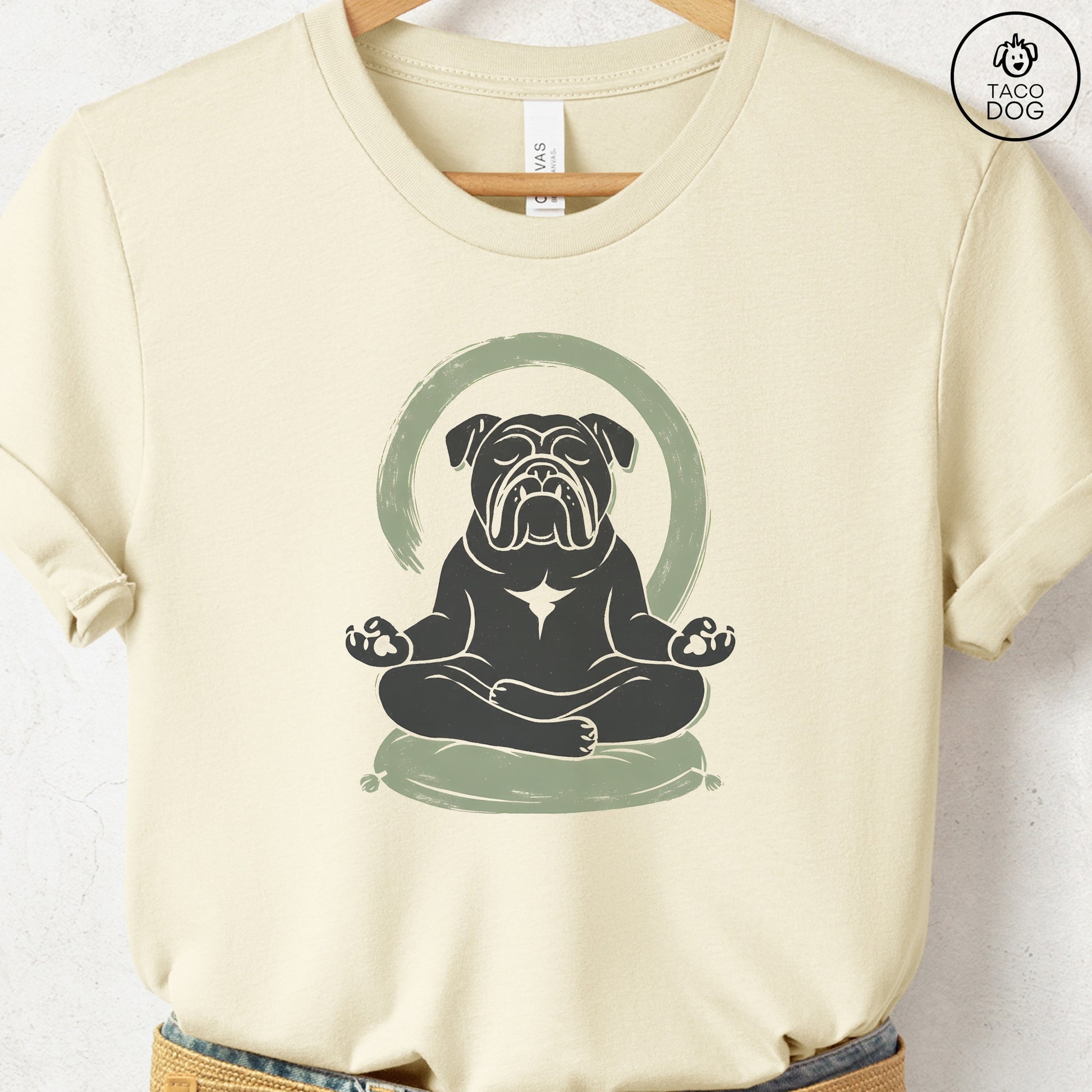 English Bulldog Meditate Linocut Tee Natural S Taco-Dog