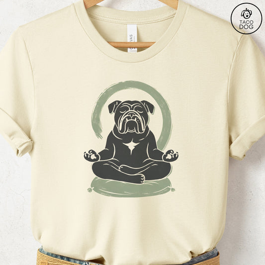 English Bulldog Meditate Linocut Tee Natural S Taco-Dog