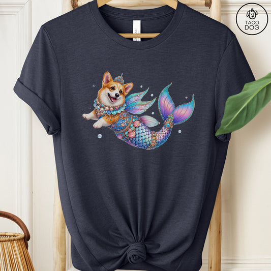 Corgi Mermaid T-Shirt Heather Midnight Navy Taco-Dog