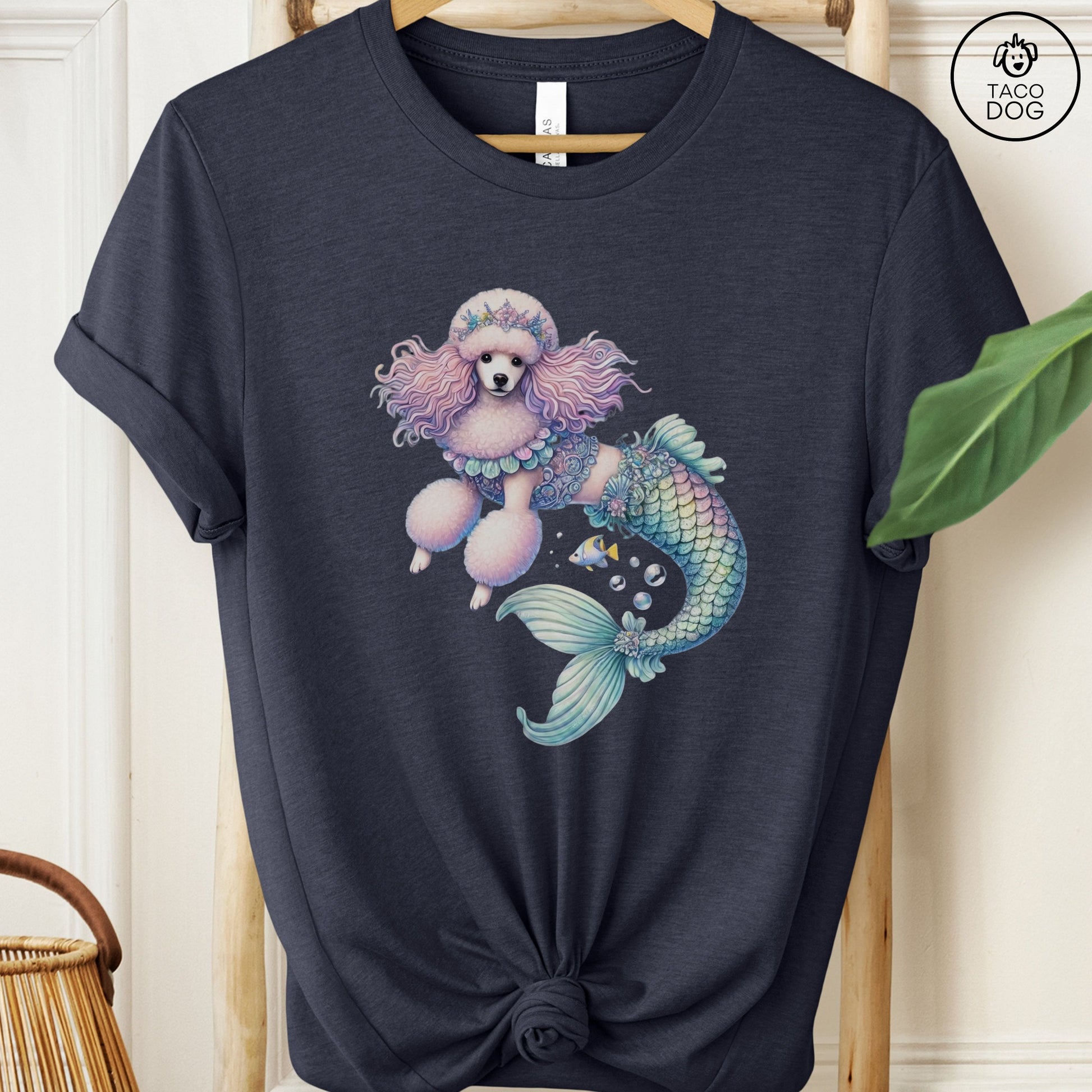 Poodle Mermaid T-Shirt Heather Midnight Navy Taco-Dog