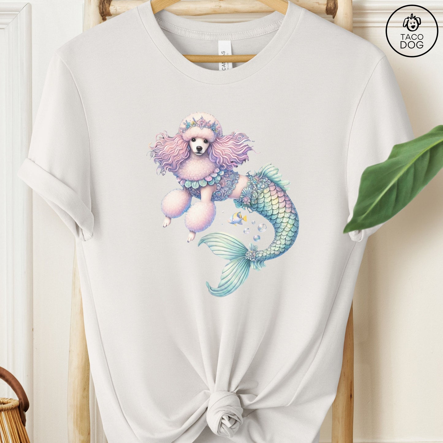 Poodle Mermaid T-Shirt Vintage White Taco-Dog