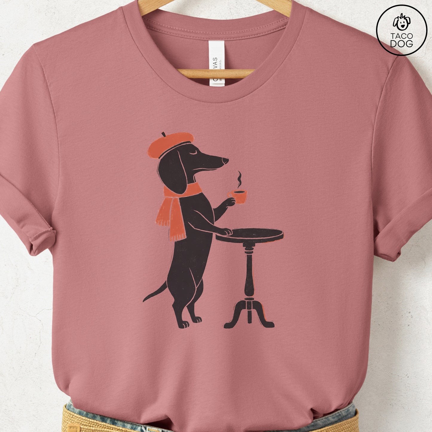 Dachshund Paris Linocut Tee Heather Mauve S Taco-Dog