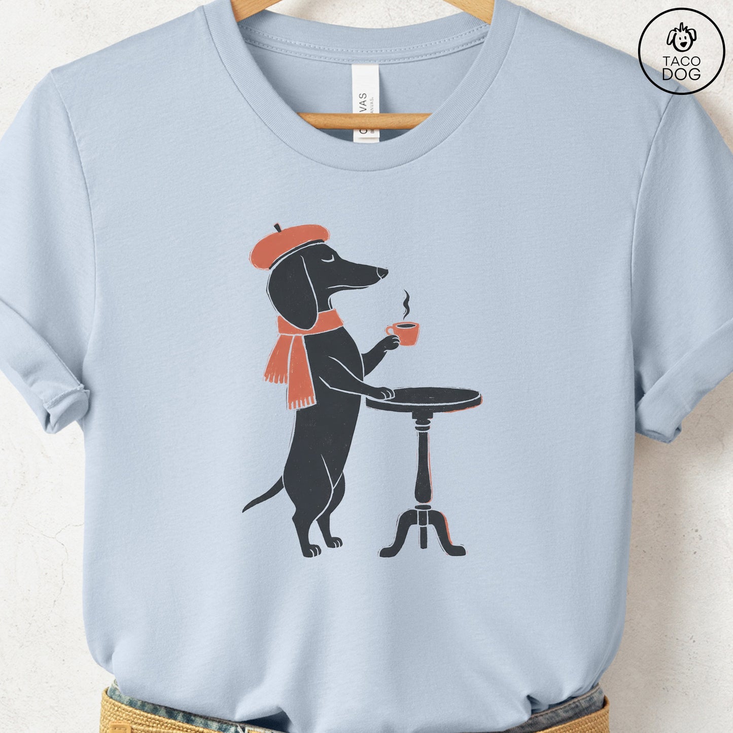 Dachshund Paris Linocut Tee Light Blue S Taco-Dog