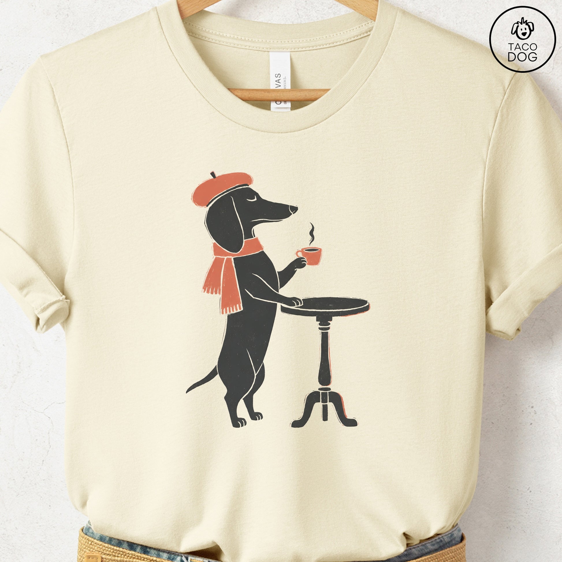 Dachshund Paris Linocut Tee Natural S Taco-Dog