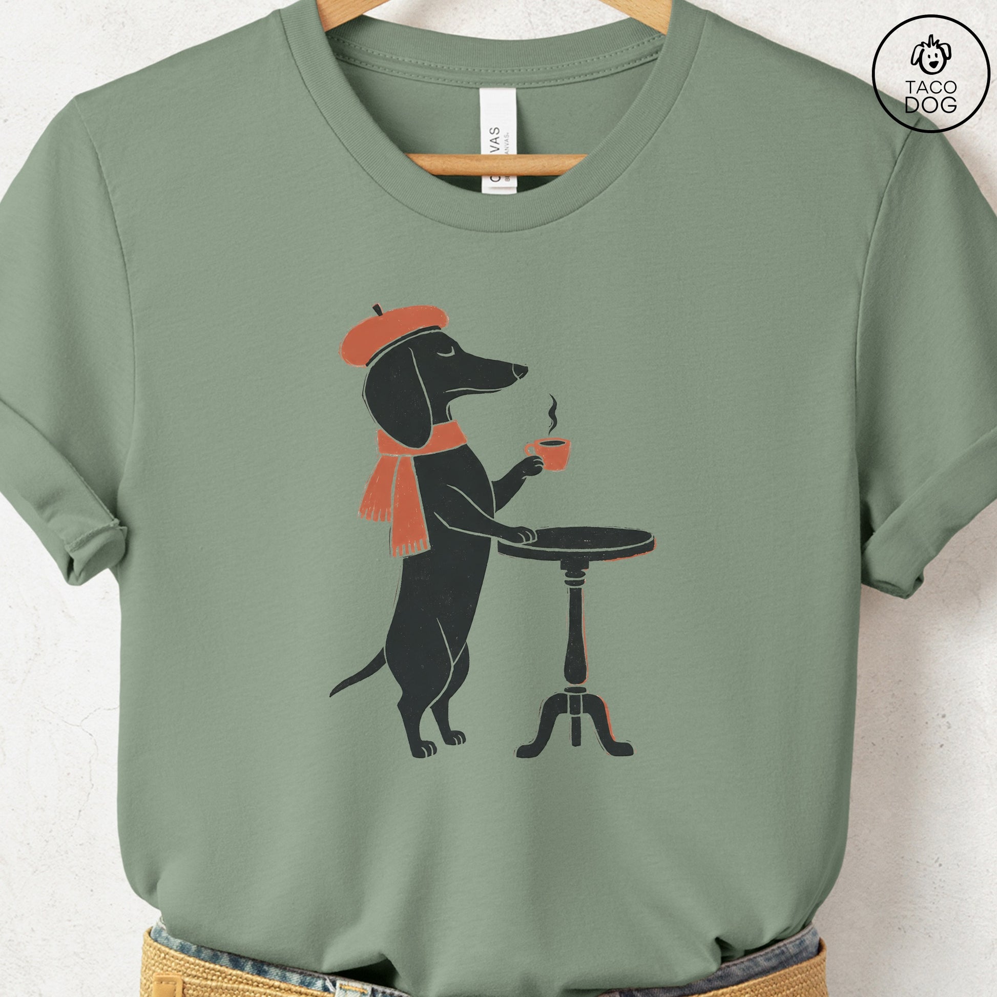 Dachshund Paris Linocut Tee Sage S Taco-Dog