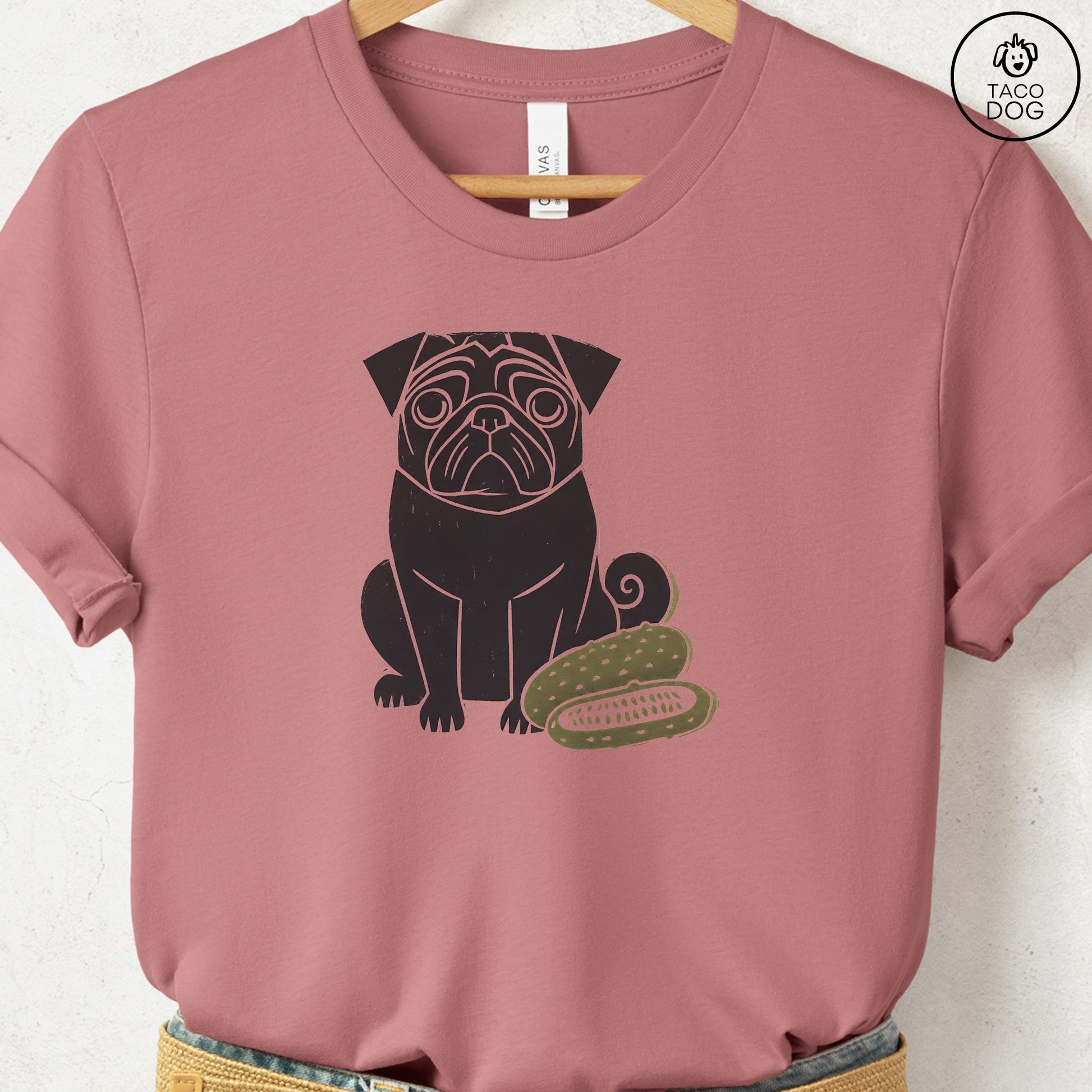 Pug Pickles Linocut Tee Heather Mauve S Taco-Dog